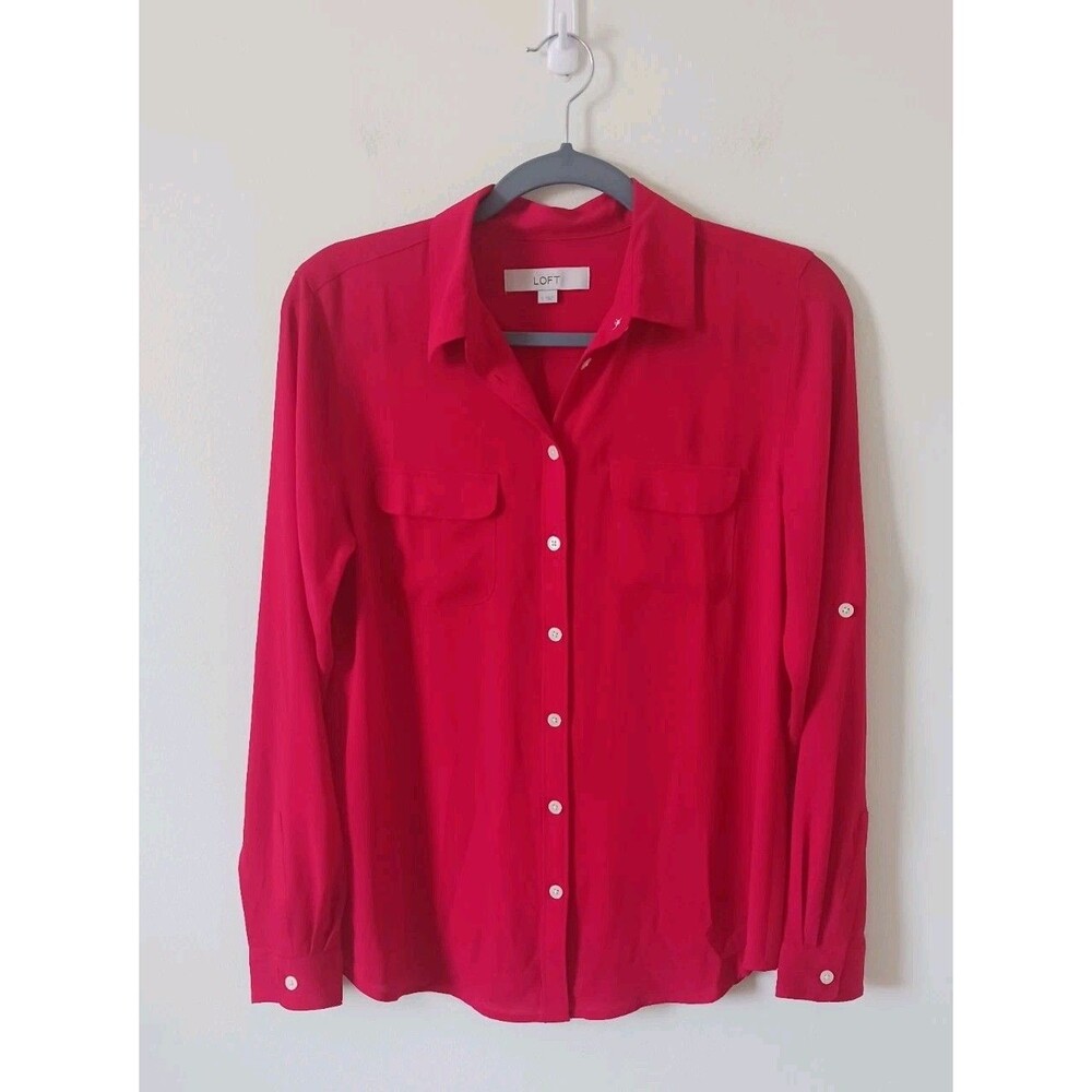 Ann Taylor LOFT Blouse Women S Red Button Up Roll Tab Sleeve